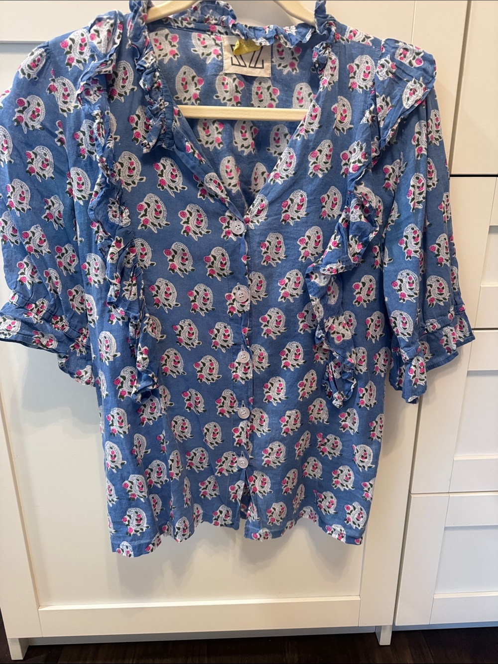 SZ Block Print Ruffle Button-Up